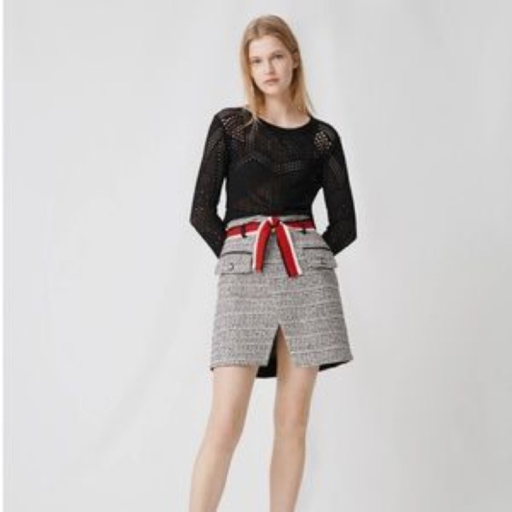 MAJE JENALA COTTON BLEND TWEED MINISKIRT IN BLACK/ WHITE